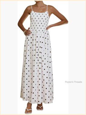 Polka Dot Maxi Dress Smocked Spaghetti Strap Flowy Summer